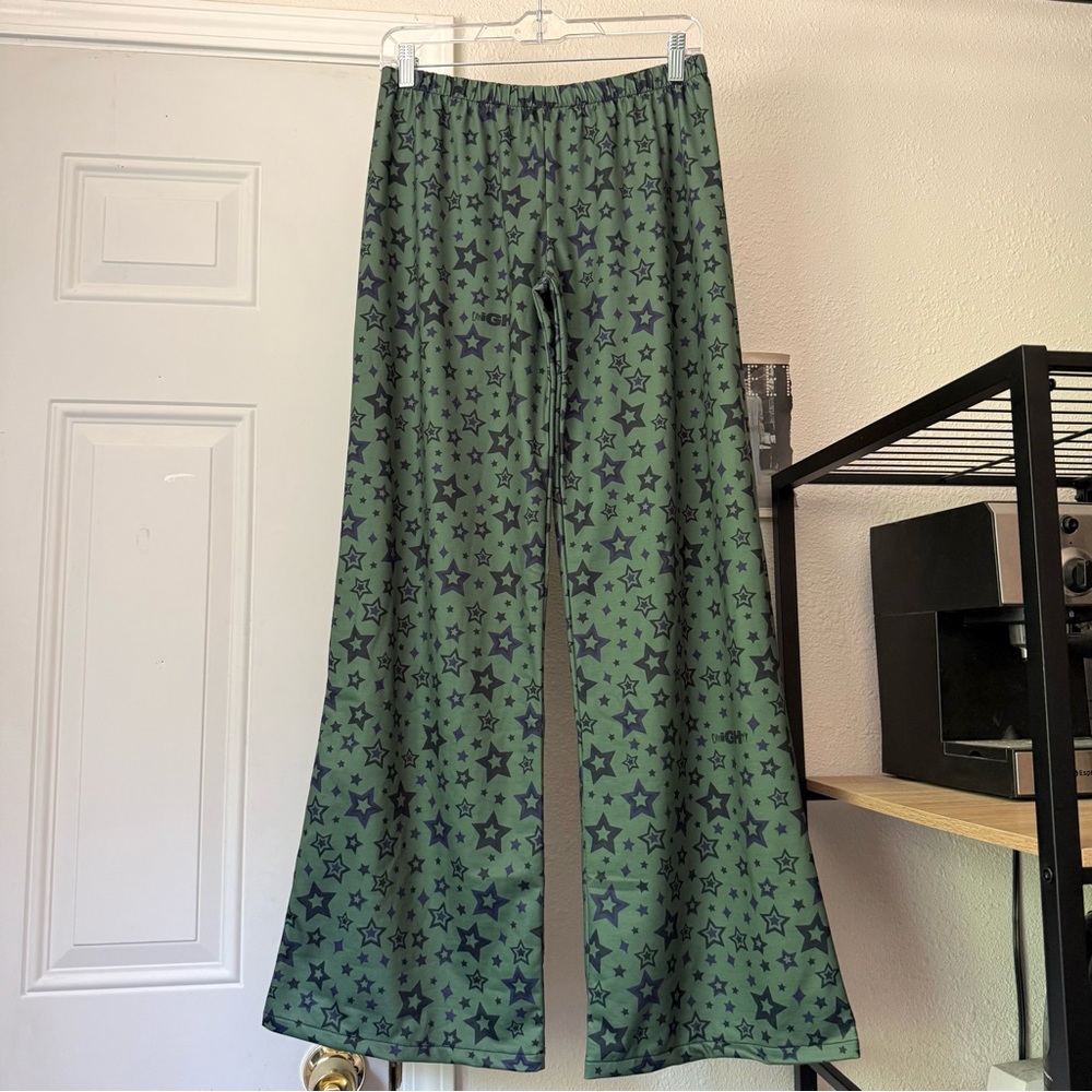 NWT OMIGHTY green navy star logo print cotton blend wide leg elastic waist pants